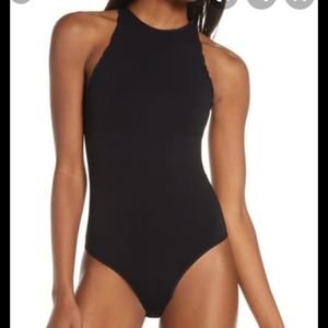 New Free People Black Bodysuit High Neck Scallop